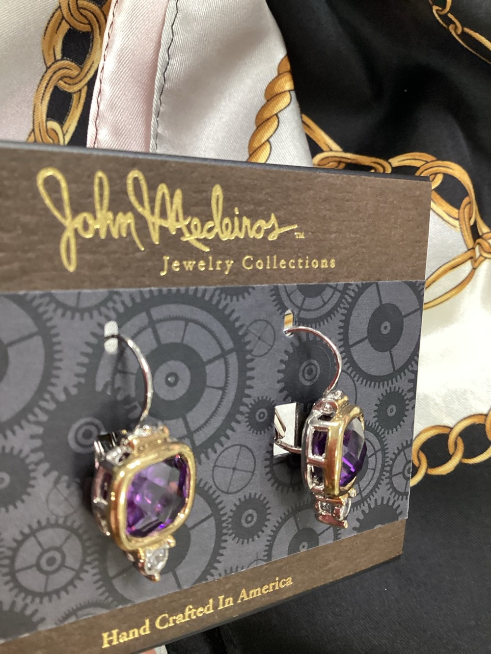 John Medeiros Gold and Amethyst/CZ Earrings Clip Back